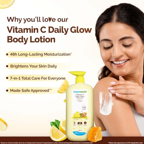 Image of Mamaearth Vitamin C Daily Glow Body Lotion with Vitamin C & Honey for Skin Brightening - 600 ml 48 Hrs Long-lasting Moisturization | Brightens Your Skin Daily | 7-in-1 Total Care For Dry Skin | Made Safe Approved