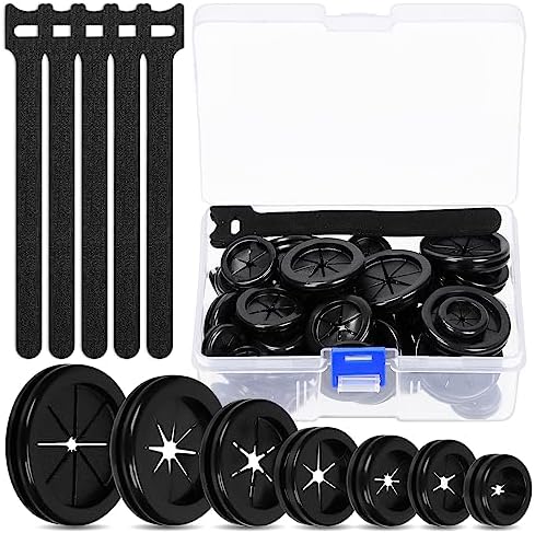 Glarks 61Pcs Firewall Rubber Grommets 7 Size Double Sided Round Drill Hole Rubber Hole Plugs with Reusable Cable Ties for Protecting Cable Wire Hole Plug