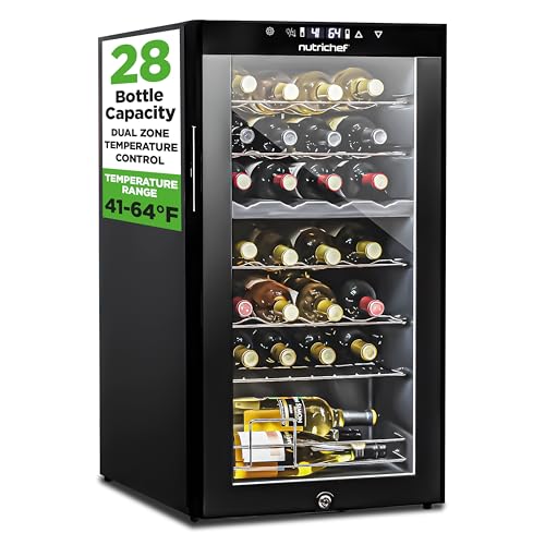 Nutrichef 28 Bottle Wine Fridge | Dual Zone Adjustable Temperature Control 41°F to 64°F | Ultra Quiet Operation | Cooler For Home, & Office | Free-Standing 33x16x17 IN (Black)