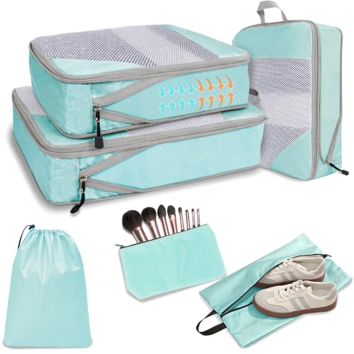 KYOSAMA トラベルポーチ 旅行用圧縮袋 旅行用ポーチ 圧縮バッグ セット スペース節約 50％ 圧縮ポーチ パッキングポーチ トラベルセット 旅行便利グッズ 衣類仕分け 下着収納 防水 大容量 小物入れ（コリアンブルー，6 点）