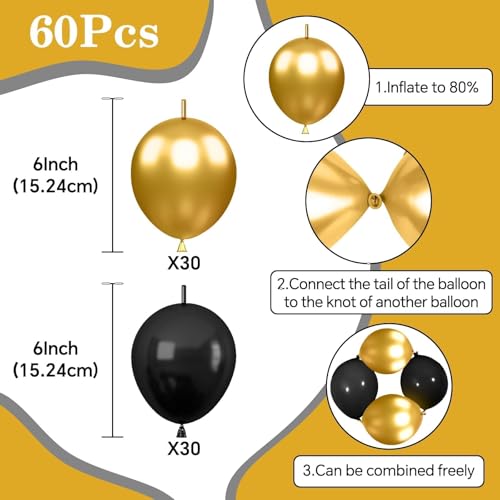 Image of Black Gold Link Balloons,60Pcs 6Inch Metallic Gold and Black Latex Linking Balloons for New Year Eve Graduations Birthday Baby Shower Wedding Anniversary Party Decorations