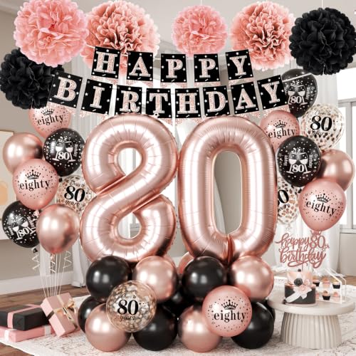 80th Birthday Decorations for Women, Rose Gold Black Number 80 Balloons