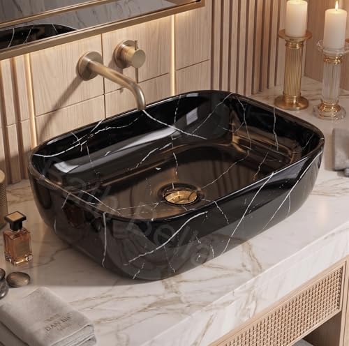 Image of Designer Ceramic Wash Basin For Bathroom | Over Counter Bathroom Basin | Counter Top Bathroom Sink | Wash Basin For Restaurant, Hotel (18 x13 x 5 Inch) (Black White Stripe)