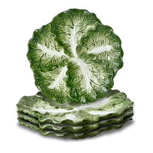 KXZ 4-piece Green Ceramic Cabbage Plates 8-inch. For desserts dinner etc. Microwave & dishwasher safe. Ideal for kitchen tableware decoration & dining.