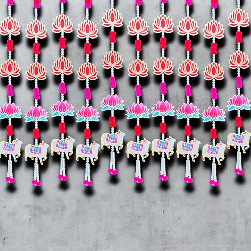 Image of Rajasthan Kraft Decorative Beads Hanging, Pack of - 6, with Lotus, Pom Pom & MDF Cow, for Beads, Size - 28 * 4 Inch, Perfect Used for - Home Decor, Festival Decoration & Wedding Decoration, (36805-6)