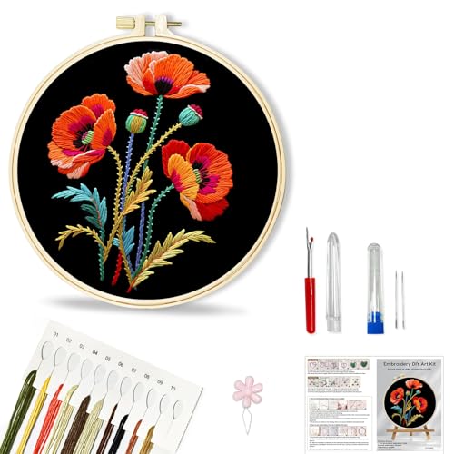 Image of Huacan Embroidery Kit for Beginners, Flower Pre-Stamped Pattern Kits for Adults with Hoop, Easy to Follow Color Thread Needlework