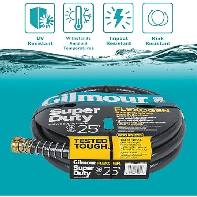 Gilmour Flexogen 5/8 in x 25 ft Garden Hose, Heavy Duty Water Hose, Flexible and Kink Resistant Outdoor Hose