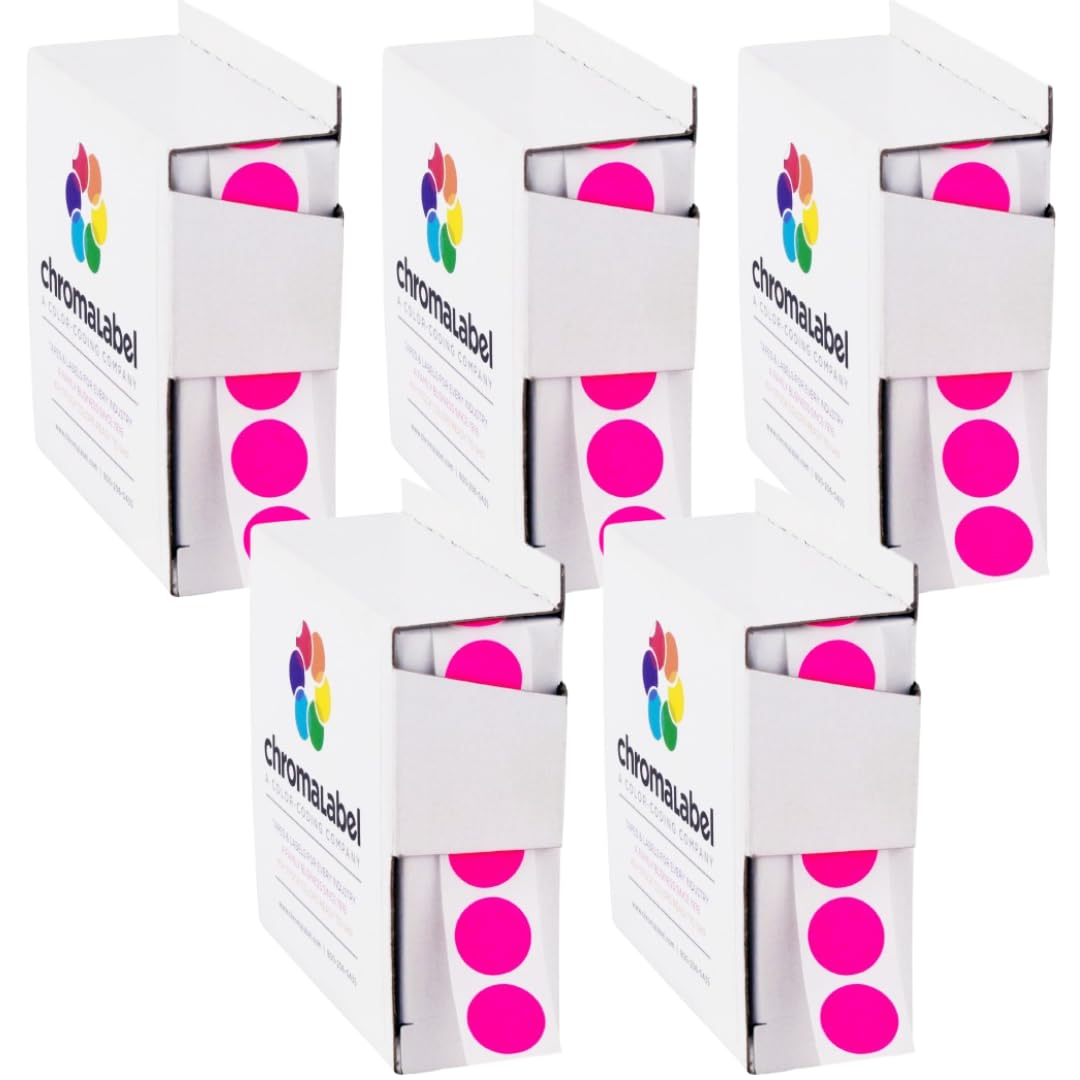 ChromaLabel 1/2 Inch Round Colored Dot Stickers, High Visibility Permanent Pink Dot Stickers for Color Coding, 1000 Small Pink Dots in Dispenser Box,