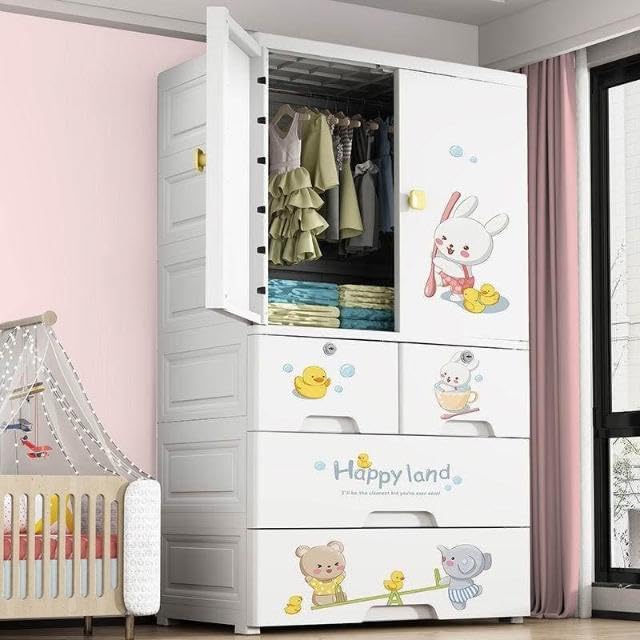 Image of Kids Plastic Wardrobe for Clothes Storage | Baby Cupboard & Almirah with Hanging Rod & Shelves | Portable Collapsible Storage Cabinet for Bedroom | Cartoon Kids Wardrobe