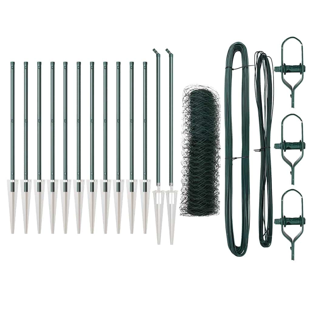 Green Steel PVC Fence Post 25 x 0.4m with 50mm Mesh Garden Border Security Barrier Kit 13 Spike Posts Weather Corrosion Resistant Outdoor Enclosure
