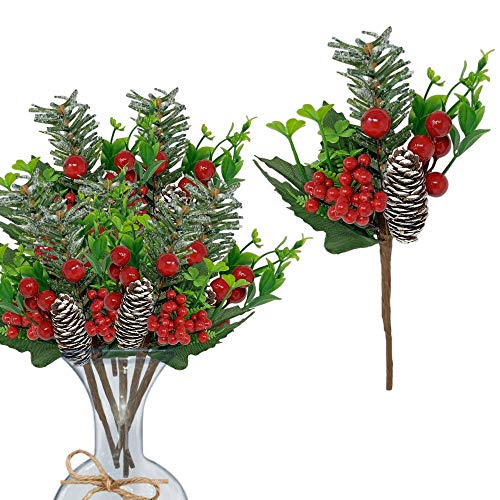 Christmas Picks - Set of 10 - Greenery Snow Tipped Pinecones with Red Berries - Floral Picks - Bendable Stems - Wreath - Garland - Crafting - 9