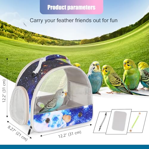 Image of Small Bird Travel Carrier Cage Bag for Parakeet, Budgies, Cockatiel, Conure, with Clear Windows, Galaxy Print