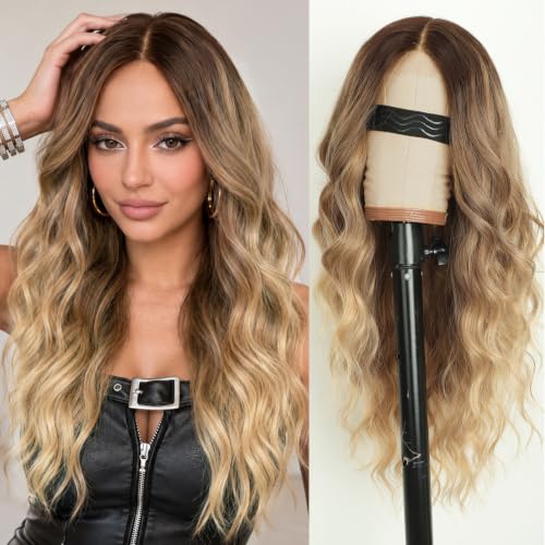 Image of AISI HAIR Ombre Blonde Wig for Women, Long Wavy Synthetic Lace Wig 26Inch | Lace Hairline,Middle Part,Heat Resistant Wig,Daily Party,Natural-Looking,Adjustable Cap,Beginner Friendly,Soft Silky Texture
