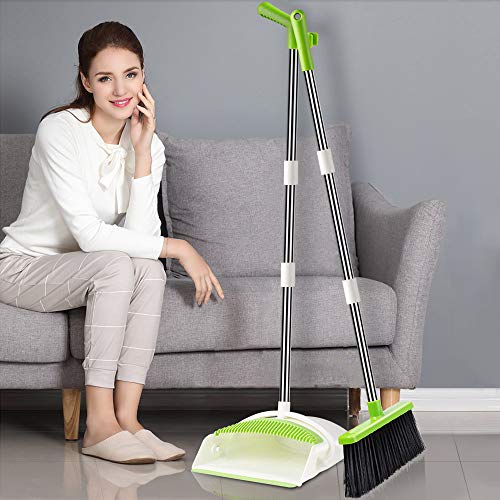 Image of Rubber Extendable Broom&Dustpan Set,Durable&Foldable Lobby Broom&Upright Dust Pan Combo With Long Handle,Ideal For Kitchen,Home&Indoor Use By Kelamayi (Yellow&Green),Hard Floor
