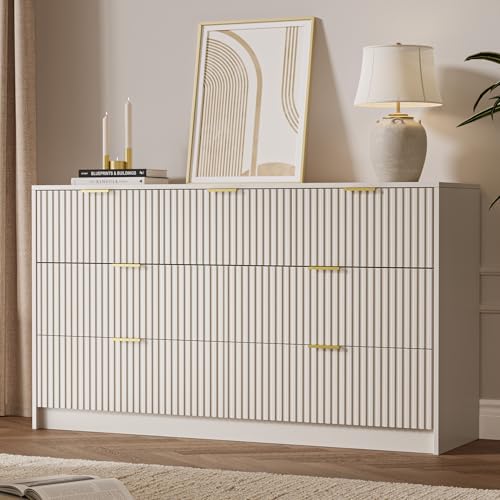 Image of MAISONARIA 56 inch Wide Fluted 7-Drawer Dresser for Bedroom, Beige