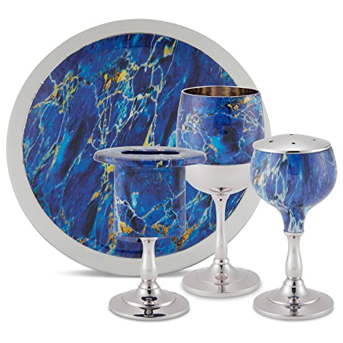 Elegant End of Shabbat Havdalah Set Nickel Plated Blue Marble Decal - Includes Matching Kiddush Cup Goblet and Tray Havdualah Candle Holder Besamim Spice Box - Shabbos Decorations By Zion Judaica