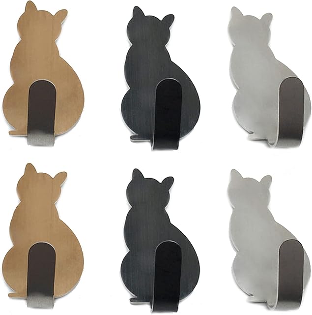 Cute Self Adhesive Key Hook - Pack of 6 Small Cat Stainless Steel Towel Hooks Stick On Door Hook Decorative Wall Hook for Home, Kitchen, Bathroom, Office Storage, No Nails