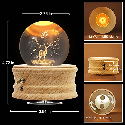 3D Crystal Ball Music Box with Projection LED Light and Rotating Wooden Base, Gift for Birthday Christmas Day, Valentine's Day, Music Boxes for Women Mom Daughter(Elk) - Thumbnail 2