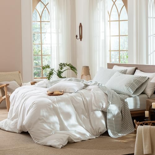 Image of MooMee Striped Sheet Set 100% Washed Cotton Linen Like King | Relaxed Linen-like Texture. Soft, Breathable & Lightweight Comfort. 15-19 inch Extra Deep Pocket with All-around Elastic
