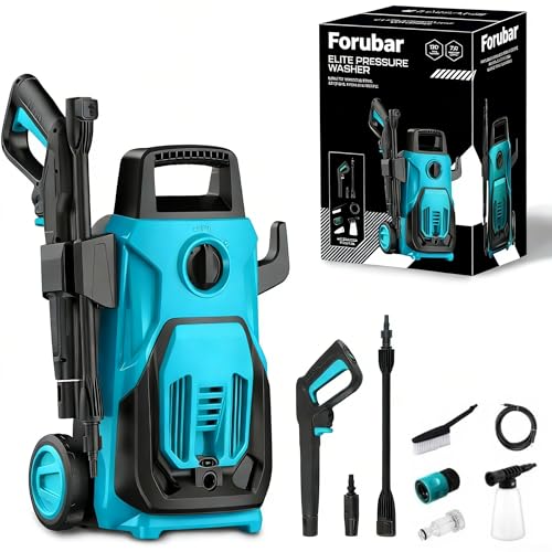 Forubar 120Bar Electric Pressure Washer 1200W Power Washer with Spray Gun/Wheels/Foam Cannon/Water Pump Hose Electric Power Cleaner Machine for Cars/Fences/Driveways/Patios/Home Cleaning