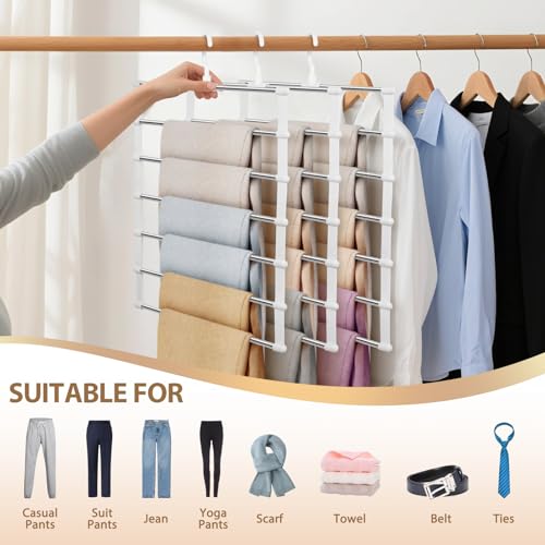 2 Stück Hosenbügel Platzsparend, Faltbarer Kleiderbügel, kleiderbügel Hosen 6 Etagen Edelstahl, Faltbare rutschfest Hosenständer, Weiß Kleiderschrank Organizer für Hosen Jeans Schals Handtücher