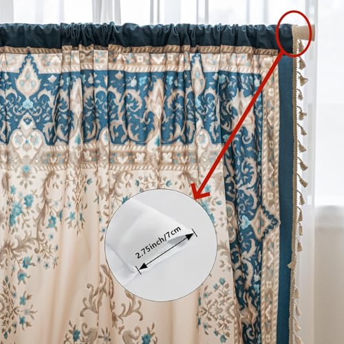 Image of Teal Medallion Curtains 72 Inches Long, Boho Farmhouse Light Filtering Rod Pocket Drapes with Tassel Trim for Bedroom Living Room, 2 Panels