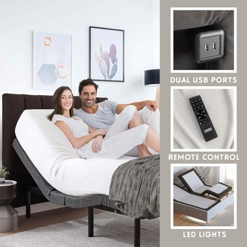 Image of Nestl 2nd Gen Split King Adjustable Bed Frame with Massage and Wireless Remote, Electric Base with Head and Foot Incline, Zero Gravity, USB Ports, Under Bed LED, No Box Spring Needed