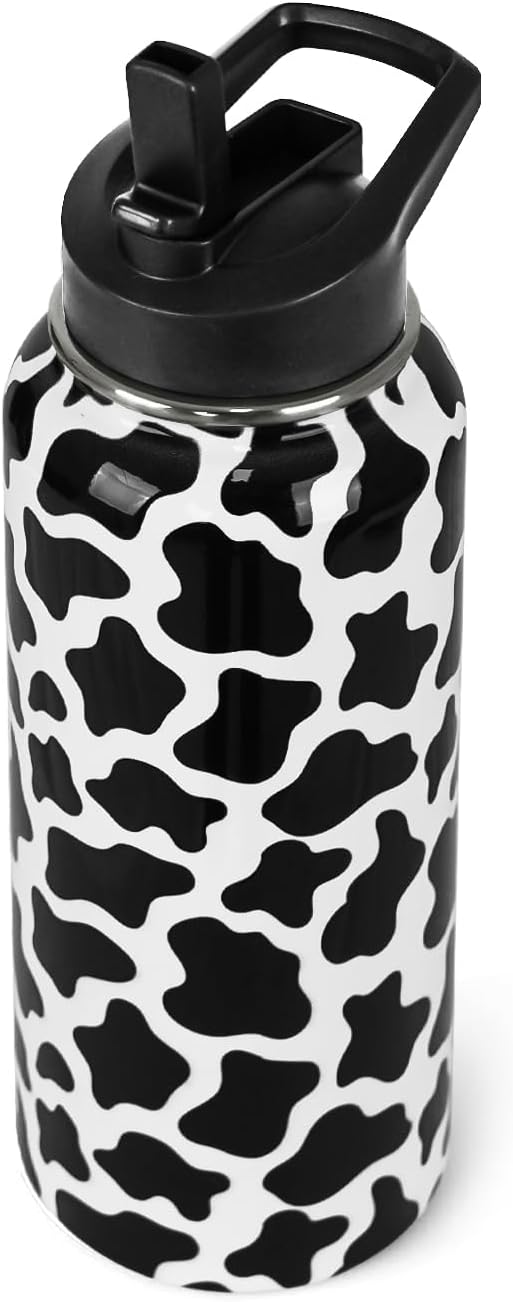 Botella de agua con estampado de vaca con pajitas, botella deportiva aislada al vacío de doble pared, taza térmica de viaje, vaso de acero