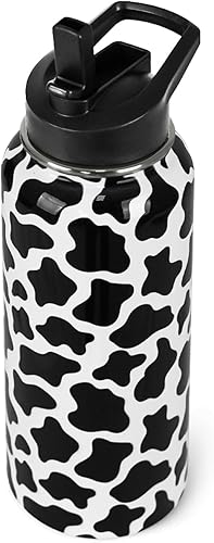 Botella de agua con estampado de vaca con pajitas, botella deportiva aislada al vacío de doble pared, taza térmica de viaje, vaso de acero