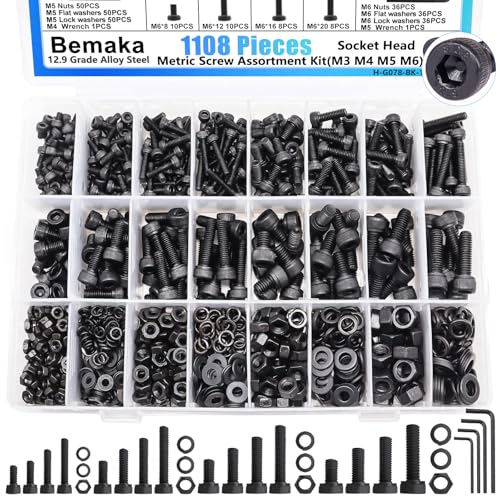 Bemaka 1108PCS Metric Screw Assortment Kit, M3 M4 M5 M6 Metric Bolts and Nuts Kit with with Lock & Flat Washers, 12.9 Grade Alloy Steel Hex Socket Head Cap Screws for 3D Printing