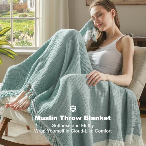 Image of EMME Muslin Queen Blanket with Tassels, 100% Cotton Gauze, Teal, 80 inchx90 inch | Soft Breathable Gauze Throw, Lightweight, Cozy for Adults Couch Sofa Bed, Gifts for Women Mom, Boho Home Decor, All Season