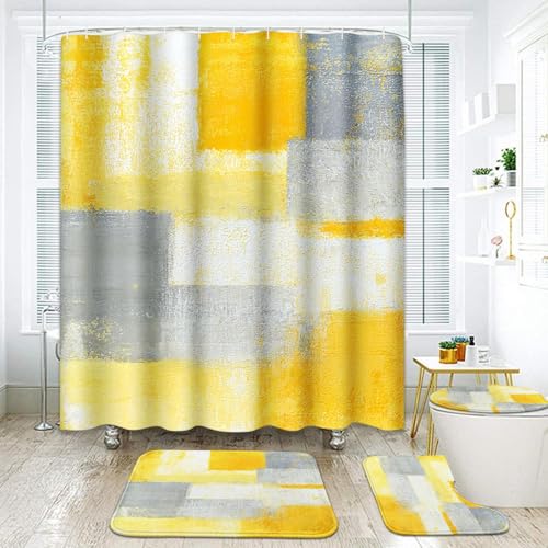 Artsocket Yellow Grey Abstract Bathroom Set With Shower Curtain And Rugs Acce...