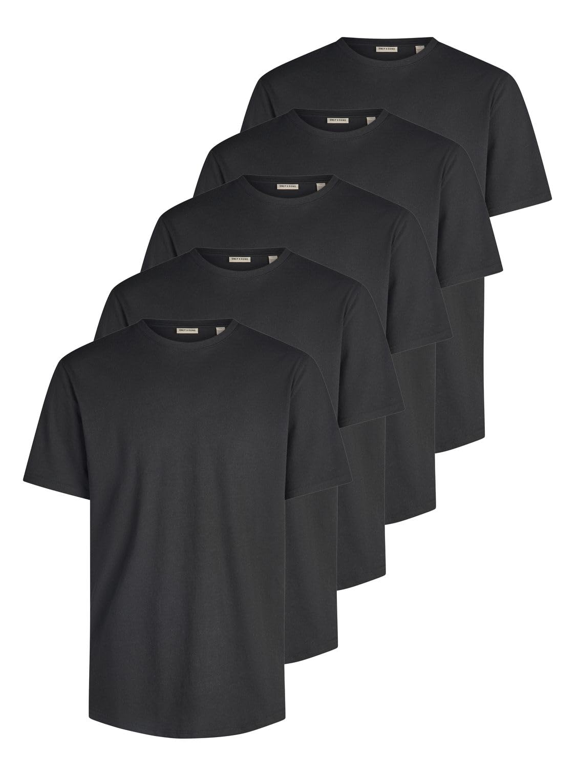 Only & Sons Tshirt Herren Regular Fit ONSJEFF LONGY 5er Set Pack lang | geschnitten Rundhals Kurzarm Sommer Tee Shirt Basic Schwarz Weiß Blau Beige Grau Grün S M L XL XXL 3XL