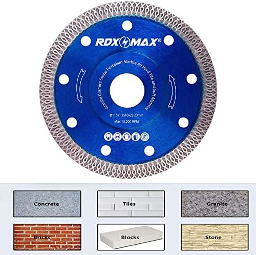 RDXMAX ® 115mm Diamond Cutting Discs for Angle Grinder |Super Thin Fast, Clean Cut on Porcelain, Granite, Marble, Concrete, Tiles, Stones, Bricks and Ceramics 4.5" Wheel (Super Thin 1.2mm)