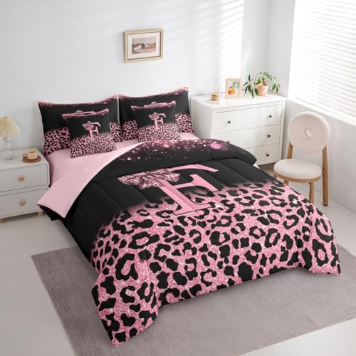 Image of Feelyou Girls Bow Comforter Set with Sheets 7 Piece Full Size Glitter Leopard Print Bed in a Bag Kids Boys Girls Initial Letter F Bedding Set Bedroom Decor Breathable Soft Lightweight Microfiber