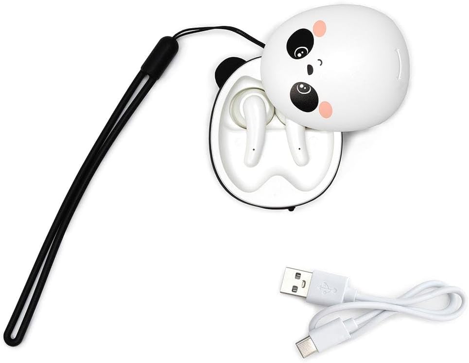 Legami Be Free Wireless Earbuds in their panda-themed charging case with the USB-C charging cable connected.