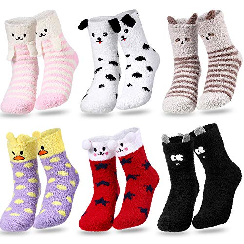 6 Pairs Cute Slipper Socks Winter Fluffy Sleeping Sock Animal Women Fuzzy Sock (Duck and Dog Series)
