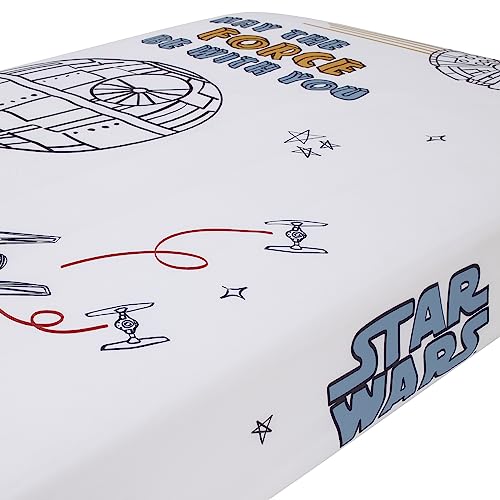 Image of NoJo Star Wars May The Force Be with You White, Blue, and Gold Millennium Falcon and Death Star Photo Op Nursery Fitted Crib Sheet