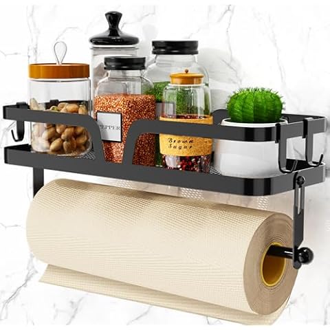 Taozun Paper Towel Holder with Shelf, Kitchen Paper Holder Spice Rack Black Paper Towel Roll Holder RV Paper Towel Rack with 4 Hooks(2 Installation Methods - Self-Adhesive and Drilling) Cover