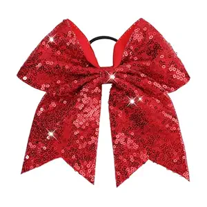 CN 7" Glitter Cheer Hair Bows for Cheerleader Red Large Ponytail Holder Elastic Band Handmade for Cheerleading Teen Women Girls College Sports 1pcs