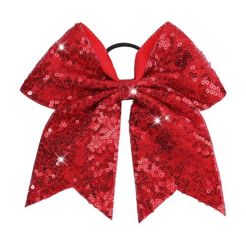 CN 7" Glitter Cheer Hair Bows for Cheerleader Red Large Ponytail Holder Elastic Band Handmade for Cheerleading Teen Women Girls College Sports 1pcs
