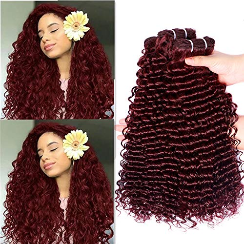 99j Human Hair Bundles Brazilian Deep Wave Burgundy Human Hair 3 Bundles 10A Curly Hair Weave Win Red Hair Extensions 12 14 16inch