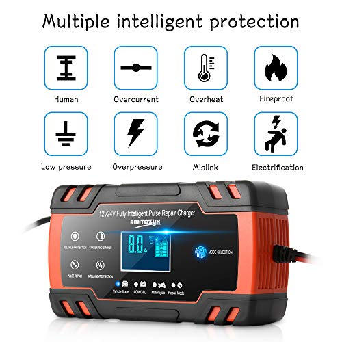 Enhanced Edition Car Battery Charger 12V/8A 24V/4A Compatible Automotive Smart Portable Battery Charger Maintainer/Pulse Repair Charger Pack for Car, Motorcycle, Lawn Mower and More