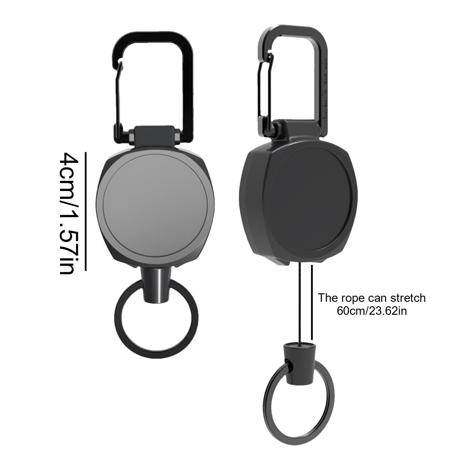 Porte-clés Rétractable 60 Cm – Extensible, Acier Noir, Pour Cartes Ou Clés
