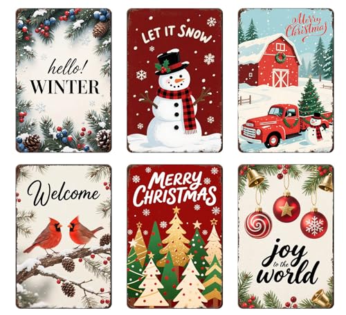 Vintage Christmas Decor Metal Signs Retro Christmas Decorations For Home Wall Bedroom Rustic Farmhouse Holiday Decoration Gifts 6-piece Winter Welcome Tin Sign 8 x 12 inch