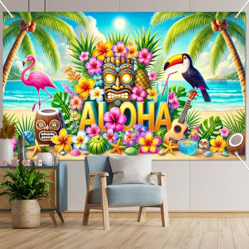 Image of BlissYard Aloha Banner 71 x 43 Inch Hawaiian Luau Backdrop Tiki Mask Flamingo Toucan Tropical Beach Summer Party Decorations Photo Booth Background Wall Decor