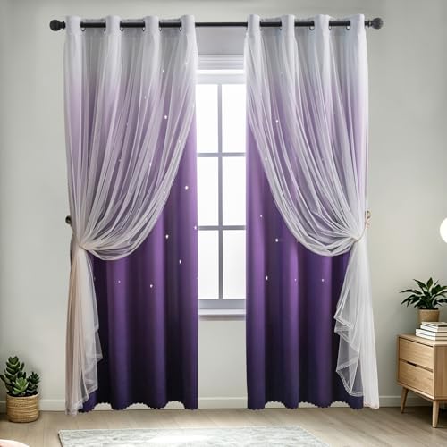 Image of indistar Dreamy Star Cutout Blackout Curtains with White Sheer,Double Layer Curtains for Girls Bedroom, Hollow Out Drapes for Nursery (2 Panel,52Wx63L,Dark Purple)