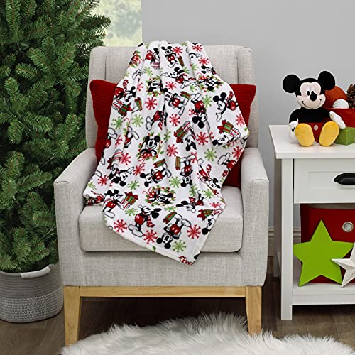 Image of Disney Mickey Mouse White, Red, and Green Holiday Christmas Wreathes, Gifts, and Snowflakes Super Soft Baby Blanket