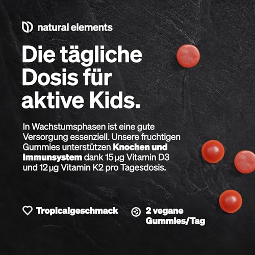 natural elements Vitamin D3 K2 Gummies KIDS – 120 fruchtige Gummies – vegan, zuckerfrei – Tropicalgeschmack – Markenrohstoff K2VITAL® – optimale Dosierung für Kinder – laborgeprüfte Qualität 3