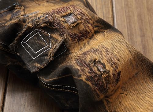 Men's Retro Distressed Motorcycle Slim Fit Straight Denim Trousers Patchwork Casual Jeans3